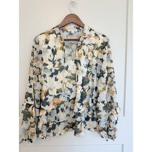 Zac and Rachel Lemon Tree Print Sheer Balloon Sleeves Blouse Ruffle Medium Boho